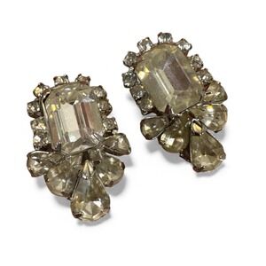 Vintage Rhinestone Earrings Clip On Runway Sparkle 1.5"